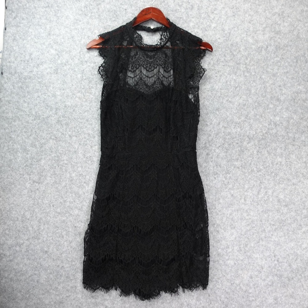 Black Lace Illusion Mini Dress M Scallop Floral Whimsigoth Open Back Free People